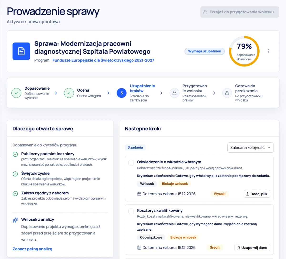 Workspace — prowadź sprawę do decyzji — Rzeczywisty kadr aplikacji