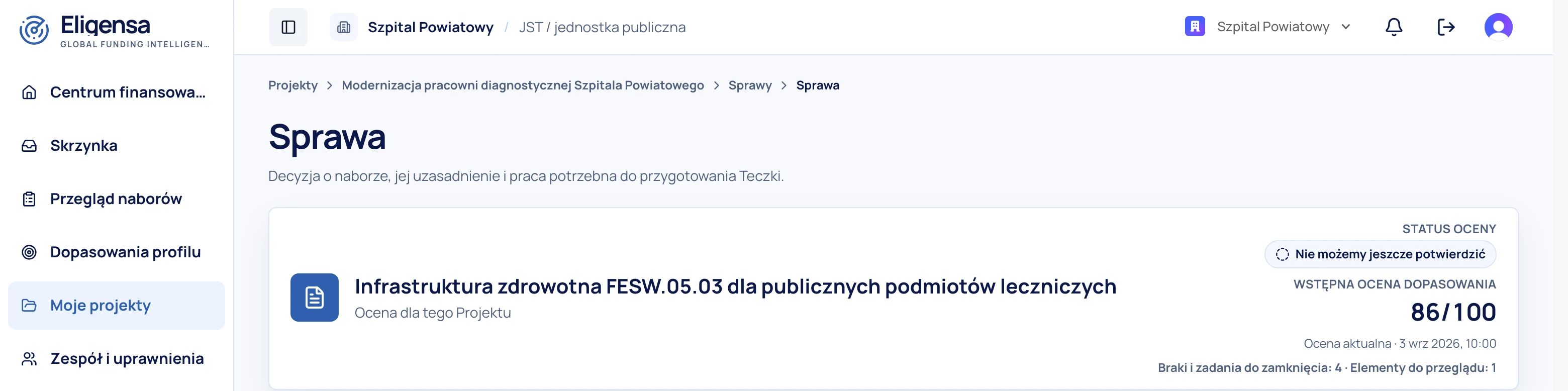 Widok sprawy w aplikacji Eligensa z oceną dopasowania 86/100 i licznikiem braków